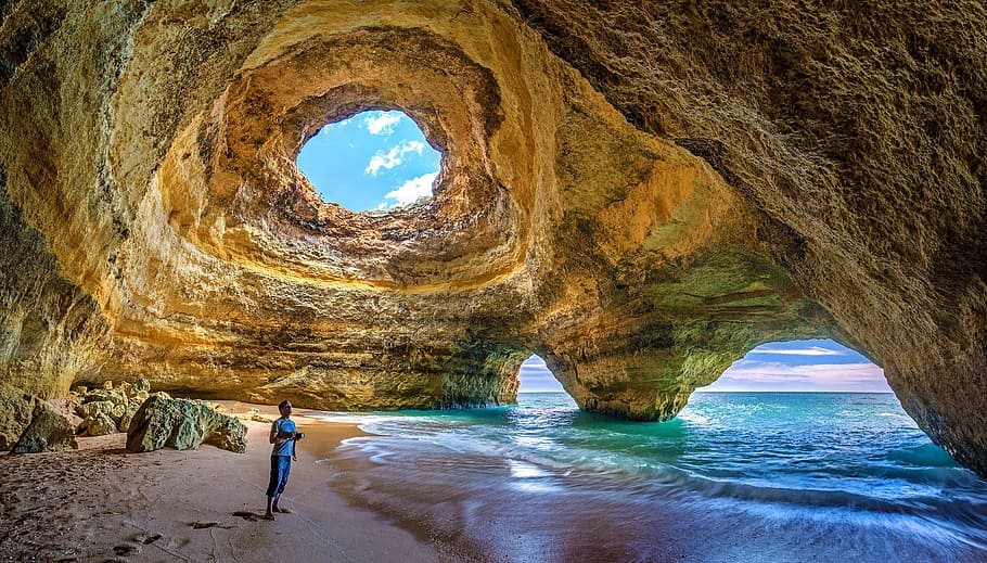brown cave, portugal, algarve, benagil, caves, selfie, grutas de benagil, cave, sea, rock