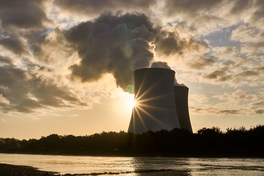 nuclear power plant, cooling tower, sunrise, mood, rhine, river, low tide, nuclear power, atomic energy, smoke