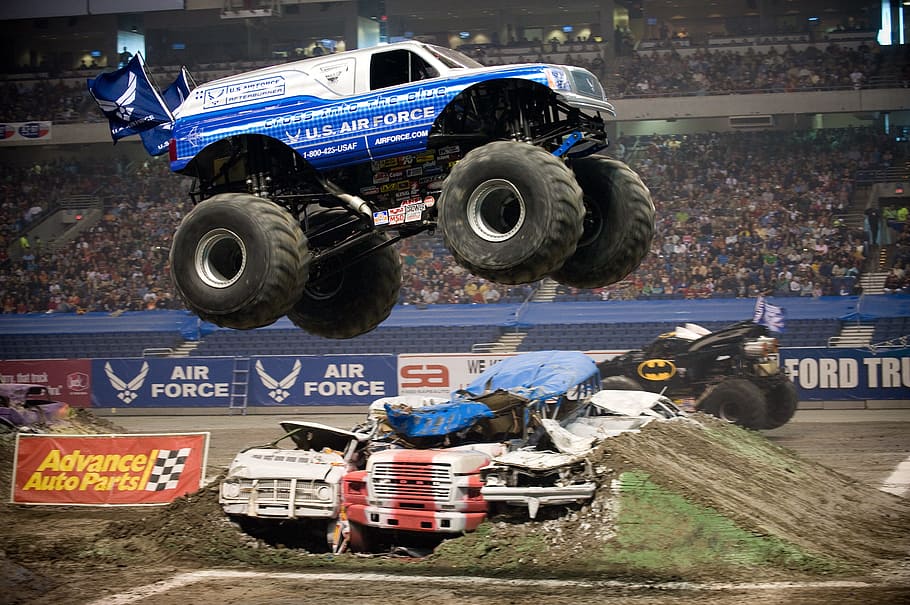 blue, monster truck, stunt, daytime, jam, rally, stadium arena, exhibition, vehicle, tires