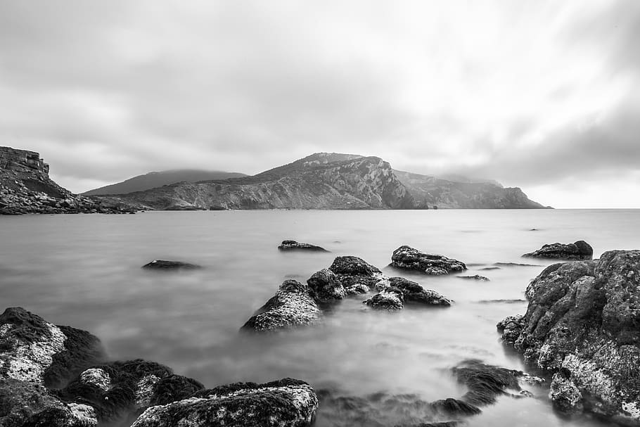 black and white, rocks, mountain, clouds, sky, sea, ocean, cloud - sky, water, beauty in nature