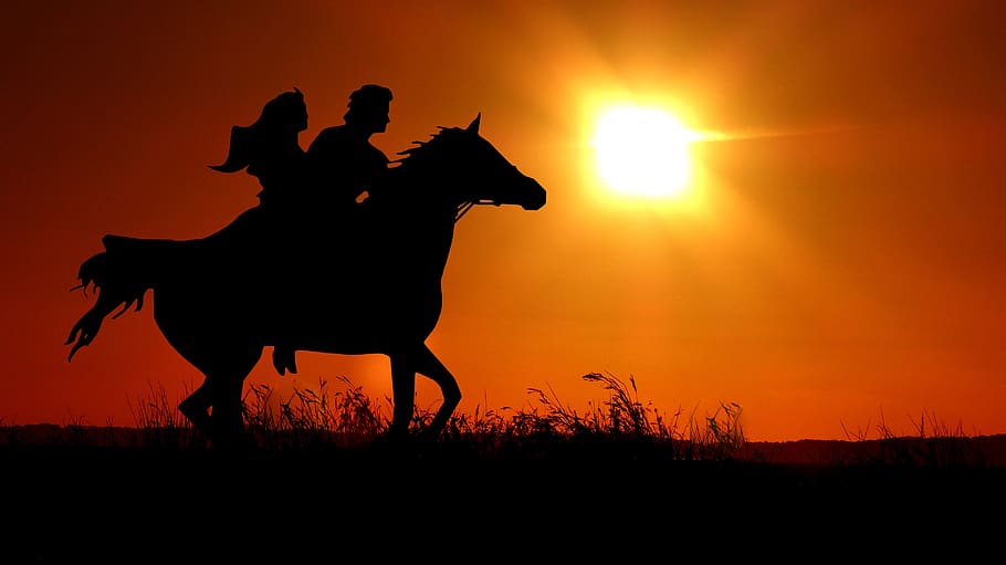 puesta de sol, caballo, galope, jinetes, pareja, naranja, silueta, dúo, sombra, romance