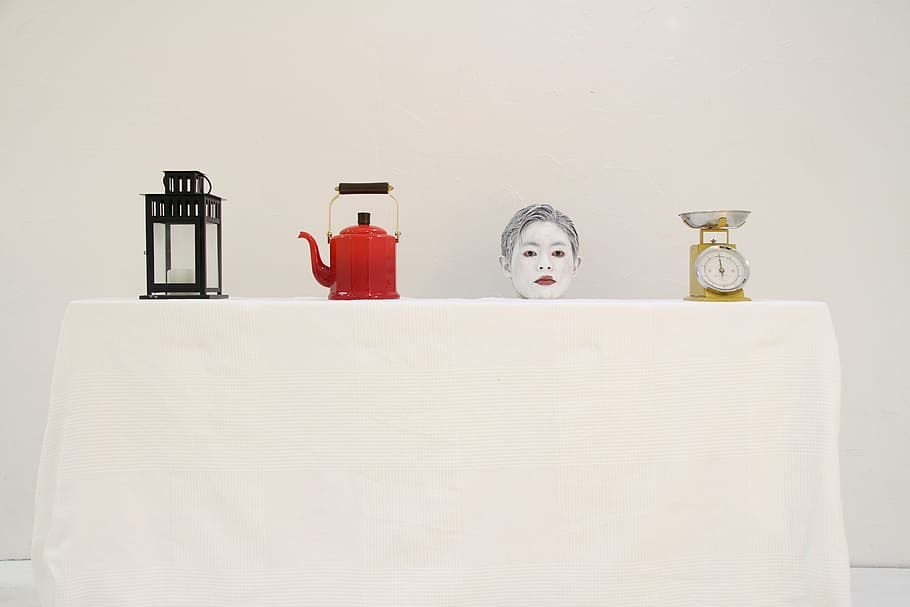 red, teapot, candle lantern, fashion, unique, white, mann, art, interior, indoor