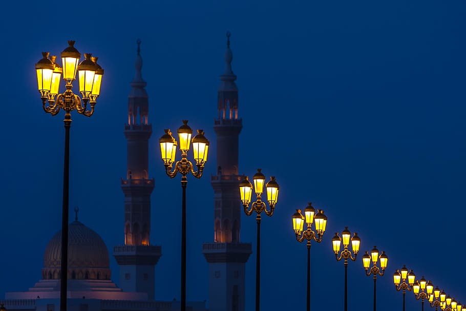 dome cathedral, street lamp, religion, masjid, islam, arabian, mosque, illuminated, night, lighting equipment