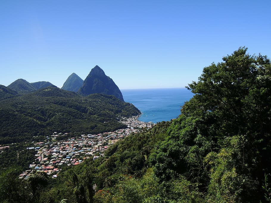birds eye view, beach shore, st lucia, caribbean island, saint lucia, sea, blue, water, pitons, mountains