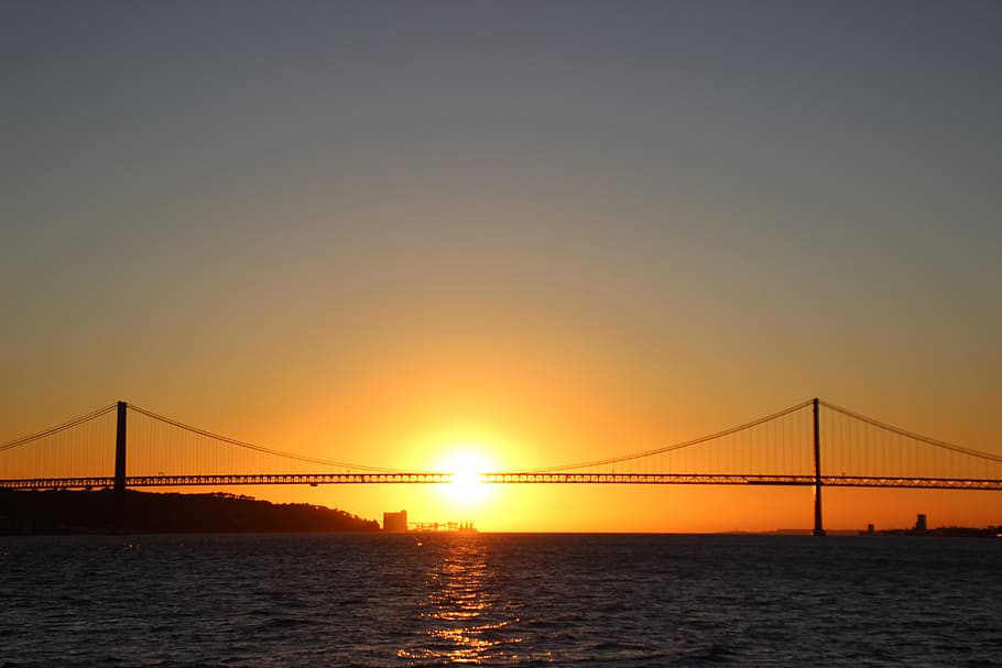 portugal, lisboa, lisbon, bridge, suspension bridge, sky, sunset, water, built structure, connection