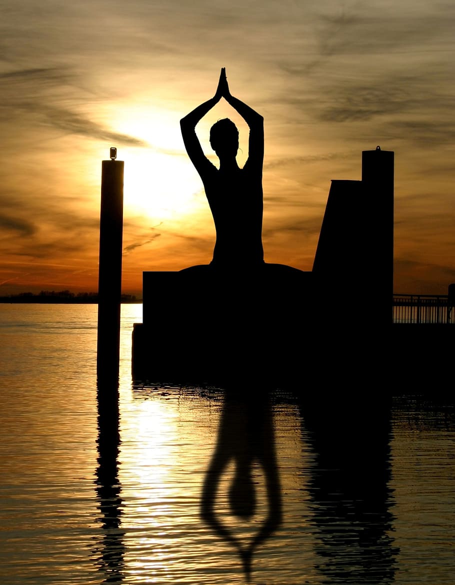 silhouette, person, standing, body, water, dance gesture, golden, hour, meditation, buddha
