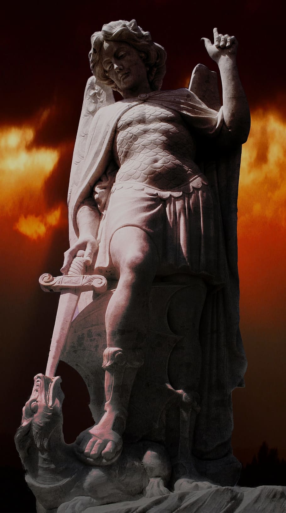 gray, concrete, sculpture, black, orange, background, statue, archangel michael, dragon sword, cemetery