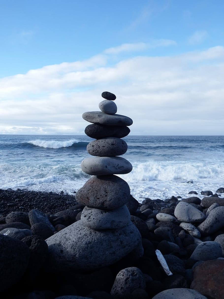 Torre de pedra, equilíbrio, recuperação, relaxamento, praia, torre, pedras, em camadas, relaxar, paciência