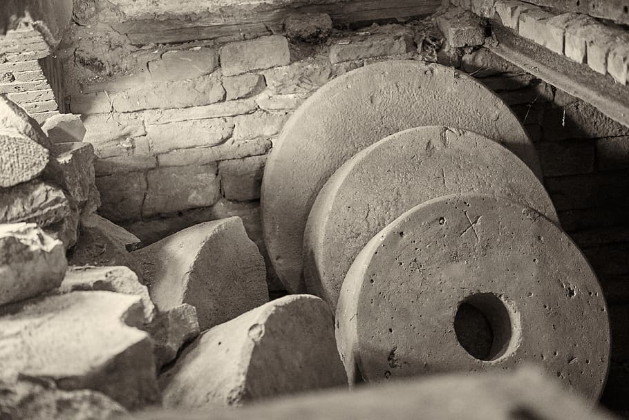 millstones, romance, mill, old, romantic, indoors, architecture, abandoned, solid, history