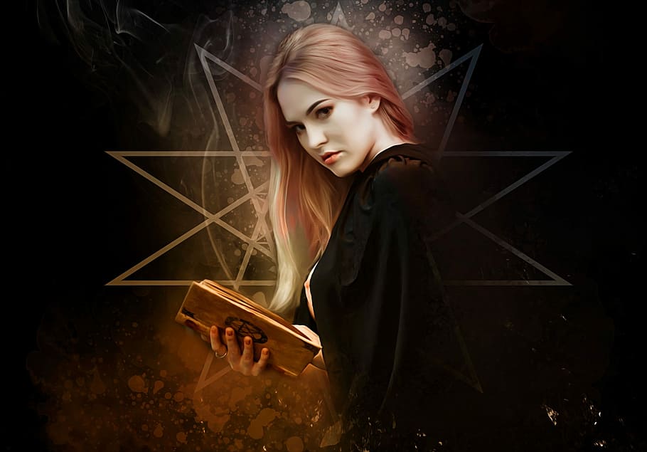 woman, wearing, black, coat, witch, gothic, goth, dark, portrait, female