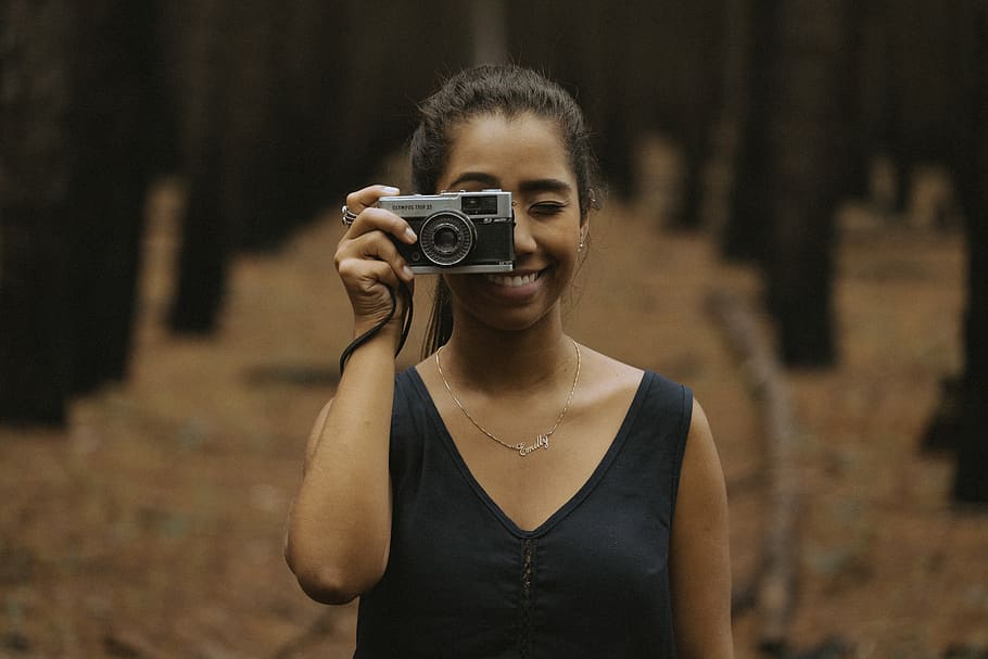 camera, film, woman, smile, photographer, accessories, bun, nature, woods, forest