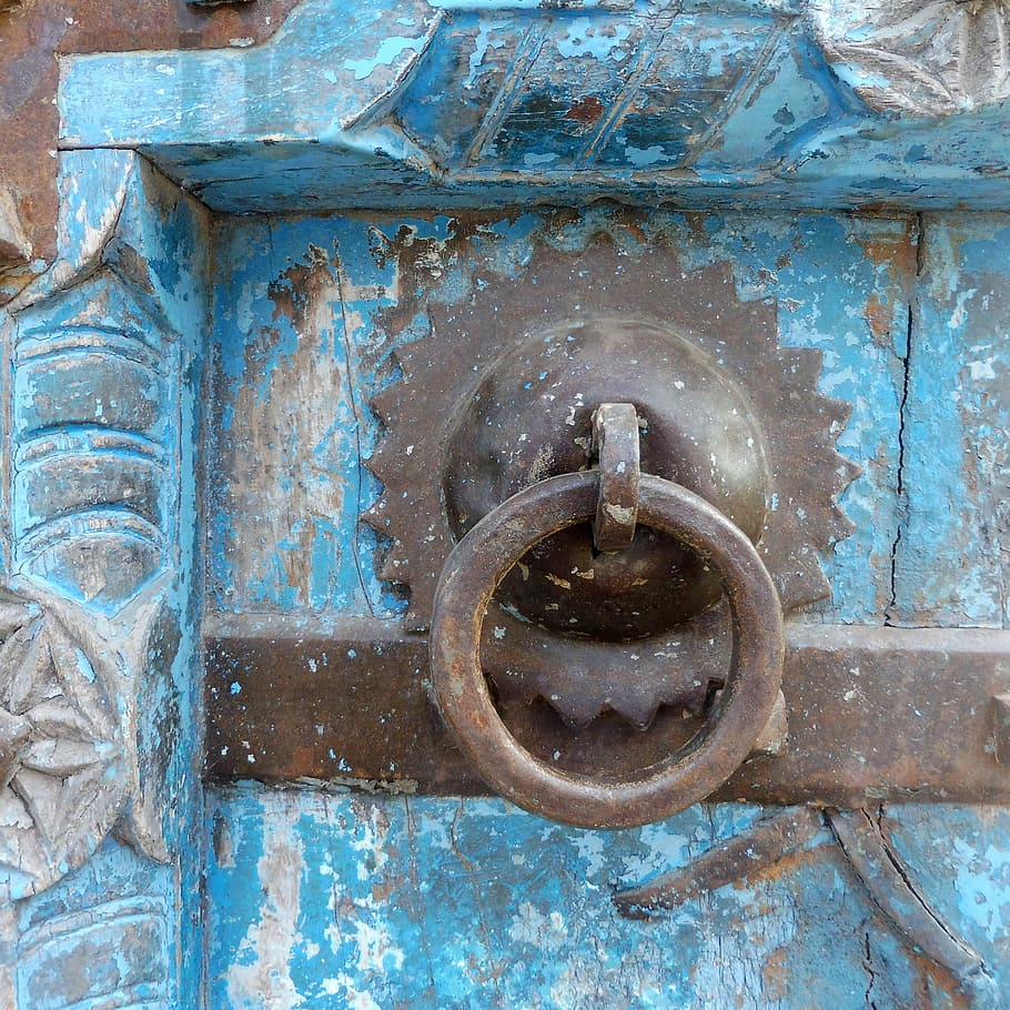 india, door, blue, rajasthan, travel, close-up, day, outdoors, architecture, metal