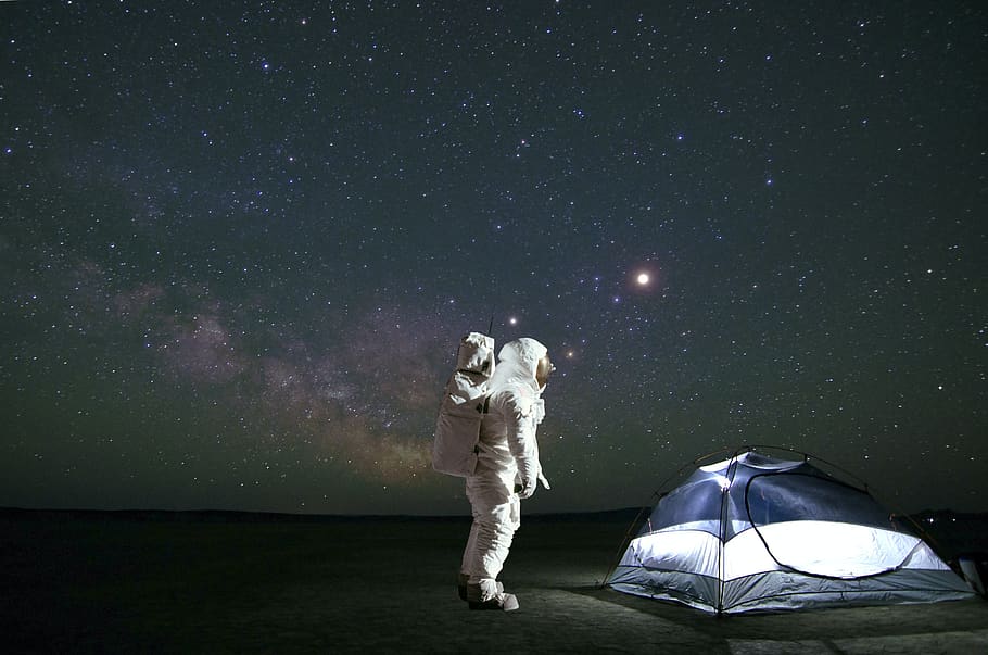 montage, cosmonaut, camping, constellation, cosmos, dark, exploration, tent, night, space