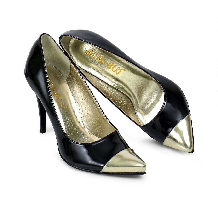 pair, black-and-gold, leather, pointed-toe, stiletto, shoes, gold, colored, black, toe