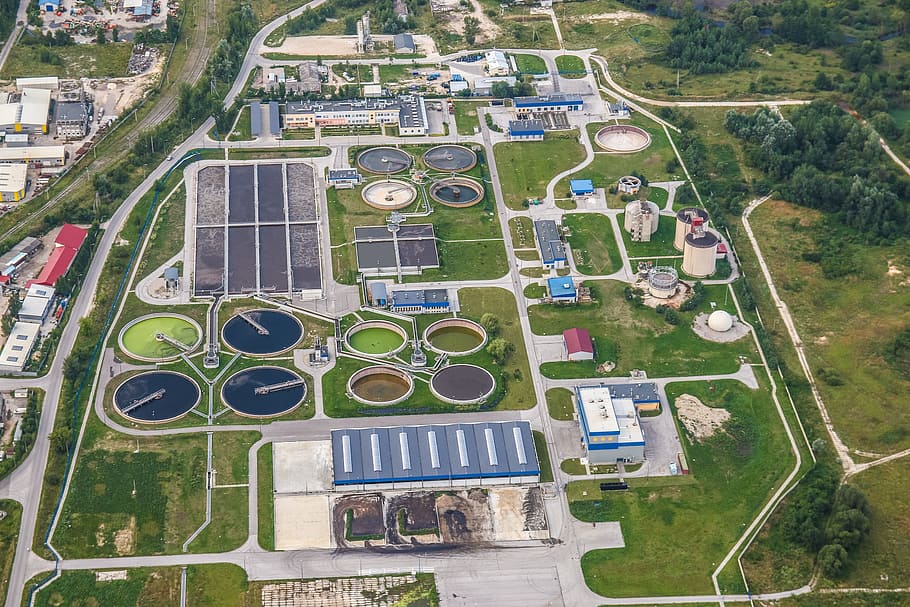aerial, view, pools b, treatment plant wastewater, refinery, aerial photo, the height of the, buildings, city, kielce
