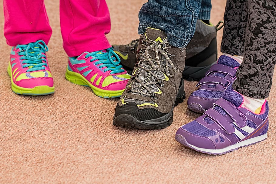 three, person, wearing, shoes, children's shoes, footwear, trainers, walking, sneakers, hiking