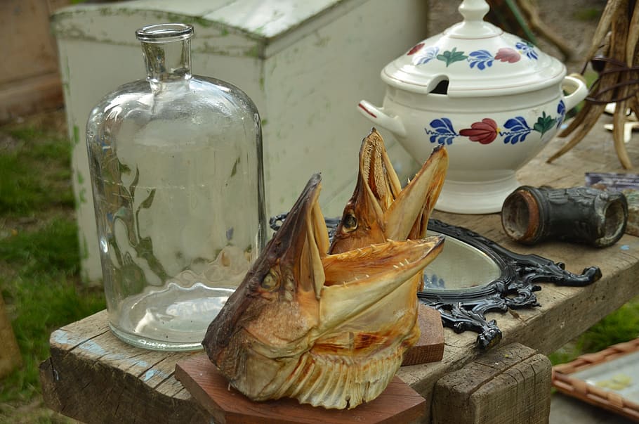 jumble sale, oddities, flea market, fish head, fish, gingham, glass, bottle, container, food and drink