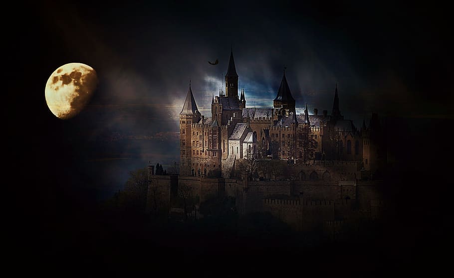 ベージュの城の写真, 城, 要塞, ホーエンツォレルン城, ドイツ, 月, 月明かり, 暗闇, 闇, 神秘的