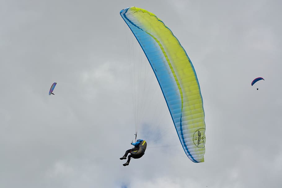 paragliding, wing paraglider blue yellow, air, fly, flight, entertainment, figure, extreme sports, adventure, sport