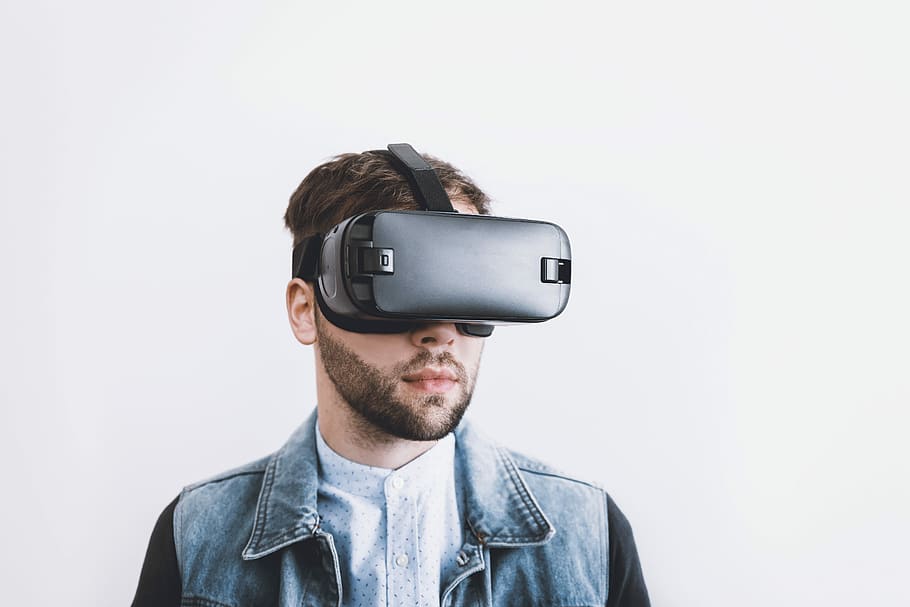 man, wearing, black, vr box headset, vr, virtual, virtual reality, technology, reality, digital