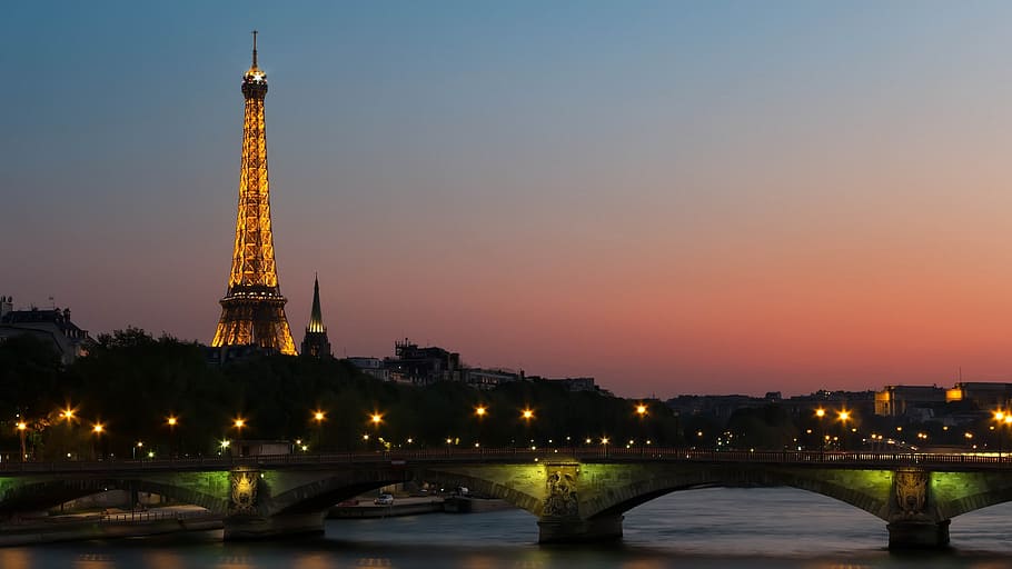 lighted, city, paris, sunset, bridge, twilight, lights, evening, dusk, france