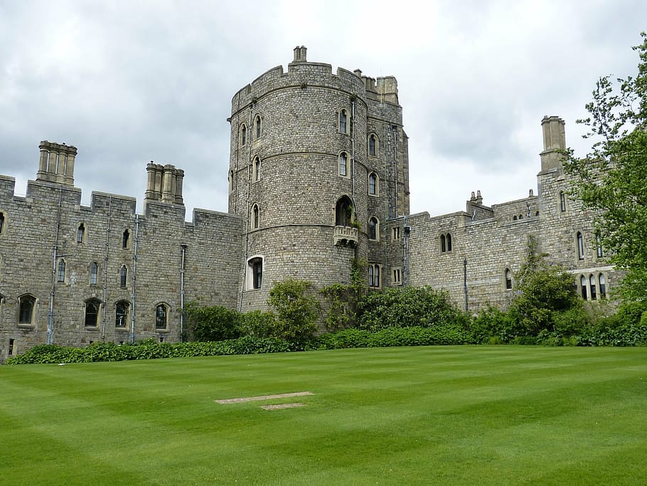 gray, concrete, castle, surrounded, green, lawn grass, daytime, england, united kingdom, london