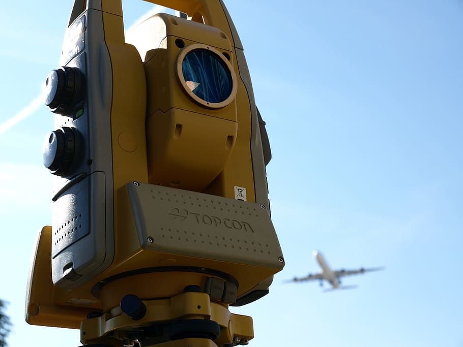 yellow, grey, top, con, theodolite, topography, airport, station, sky, low angle view