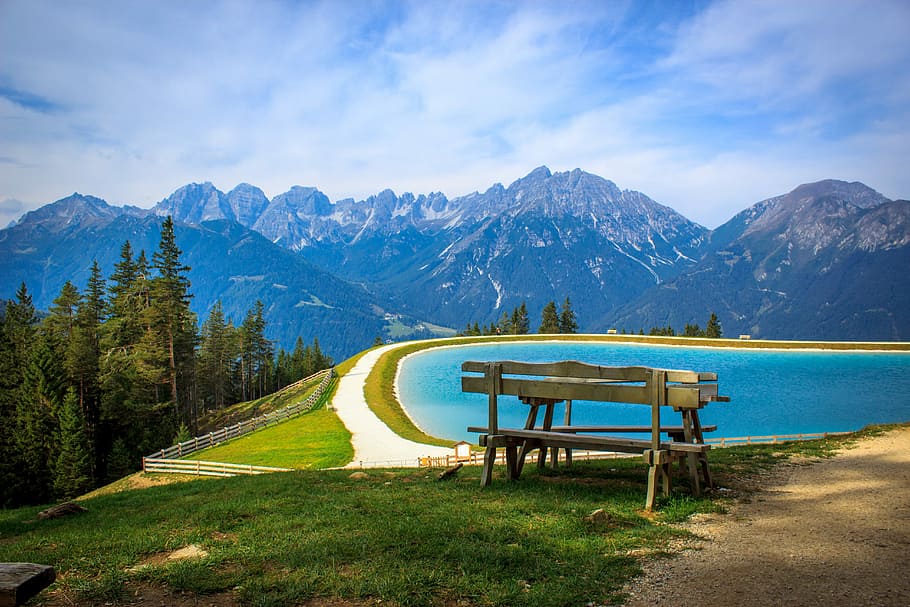 brown, wooden, bench, body, water painting, mountain, nature, landscape, travel, wood