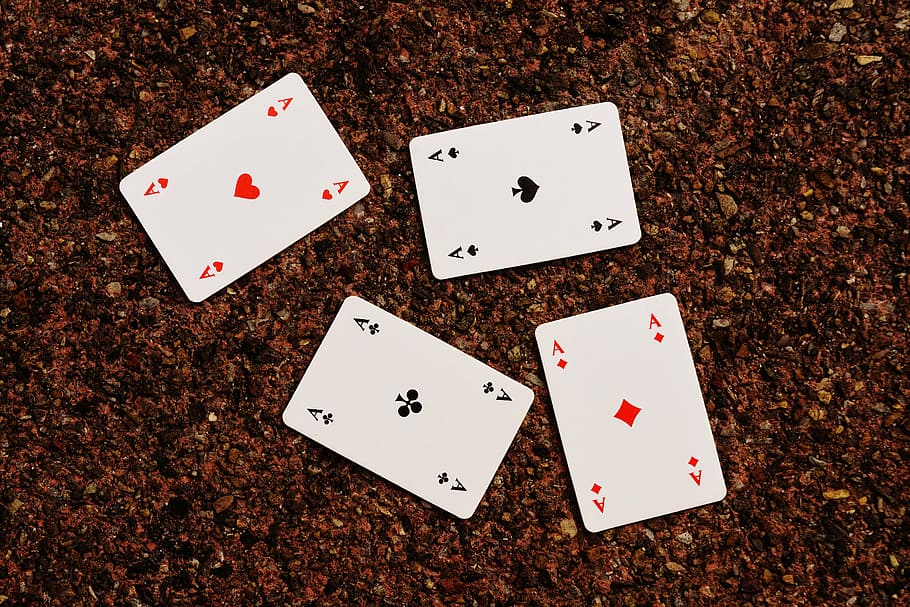 four, ace, playing, card, brown, surface, playing cards, aces, card game, gambling
