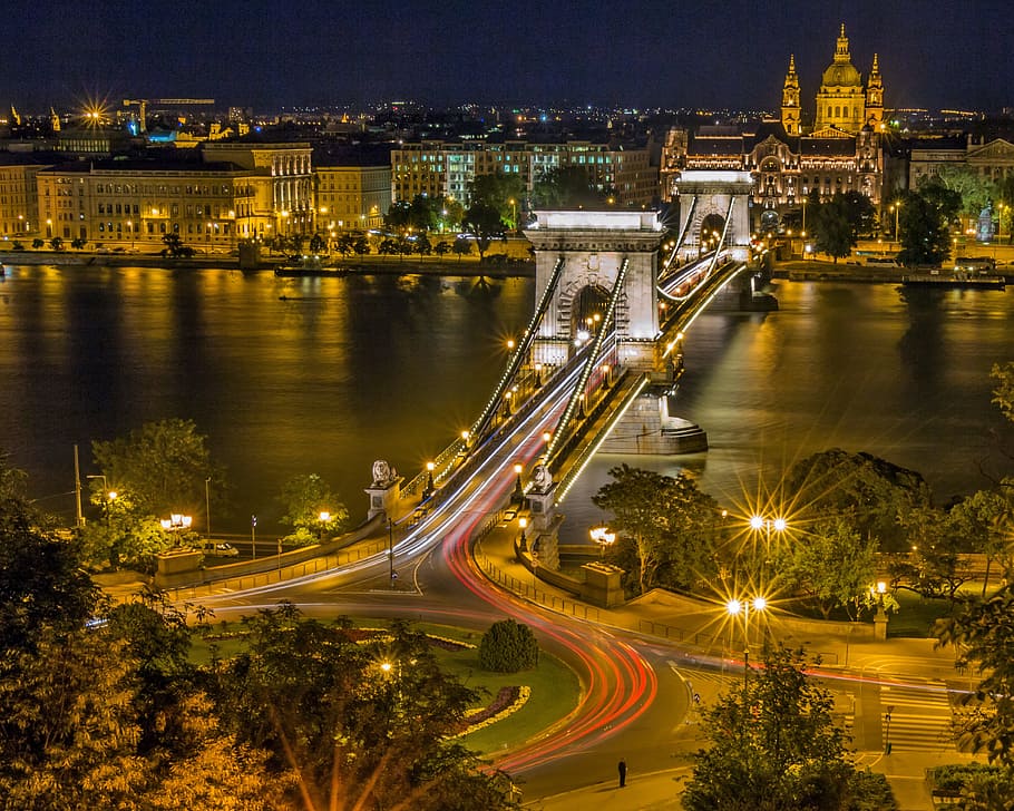 antena, foto, puente, noche, puente de las cadenas, Budapest, Hungría, Danubio, luces, río