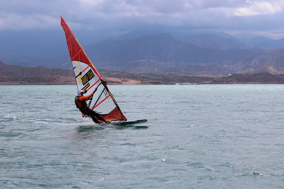 windsurfing, slalom, mendoza, argentine, mountain, sea, water, nature, transportation, waterfront