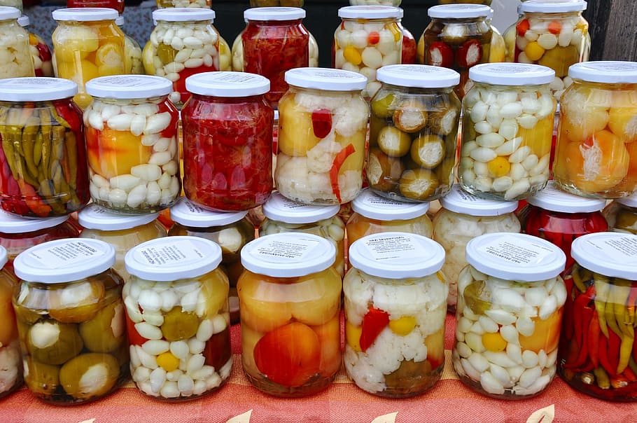 pickles, mixed, food, food and drink, retail, variation, choice, for sale, container, market