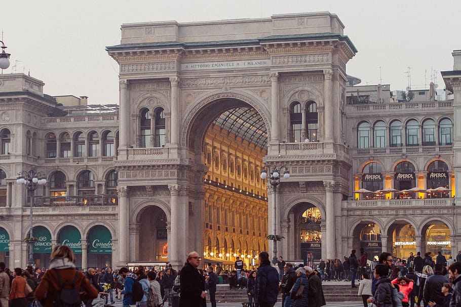 people, outside, gray, concrete, building, daytime, city, galleria vittorio emanuele ii, gallery, historic building