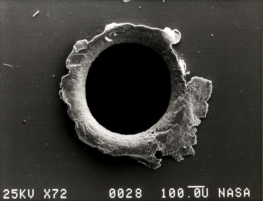microscópico, fotografia, buraco, NASA, foto, lixo espacial, detritos espaciais, margem, buraco de bala, danos