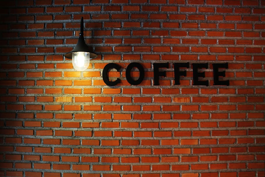 señalización de café, marrón, hormigón, bloques de pared, café negro, pared, carta, decoración, café, cafetería