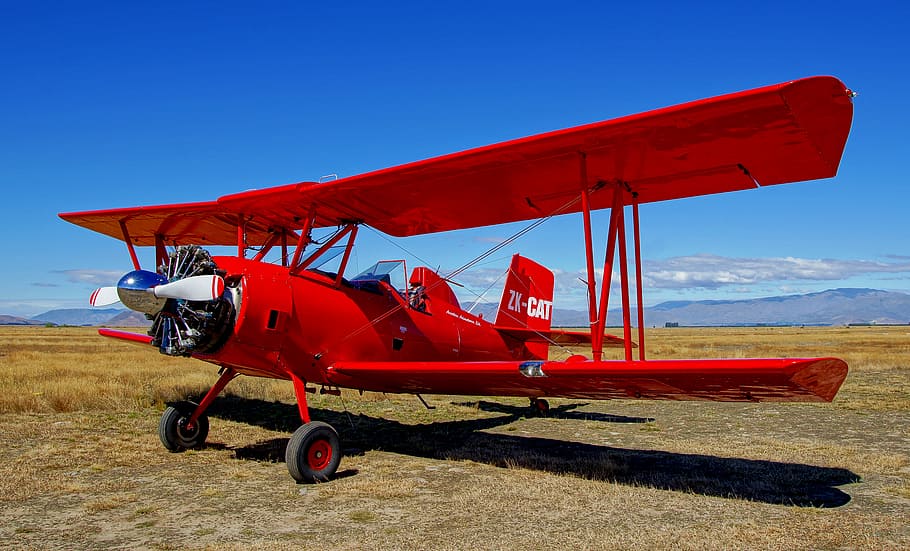 The, Ag, Cat, biplane, field, sky, daytime, air vehicle, airplane, red