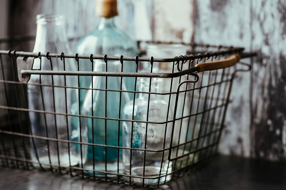 bottles, metal mesh basket, Collection, metal, mesh, basket, vintage, retro, shopping Cart, store