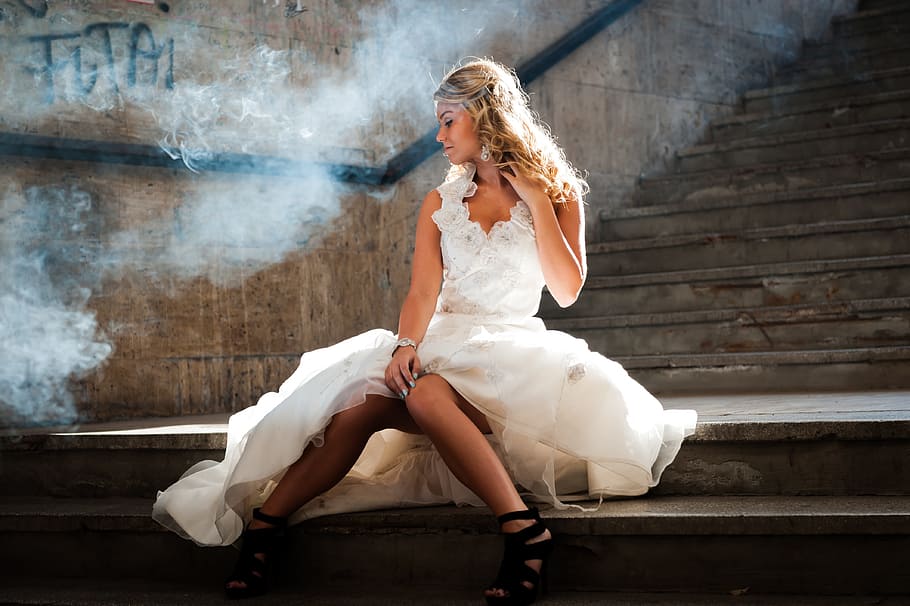 woman, wearing, white, dress, sitting, stair case, stairs, model, blonde, caucasian