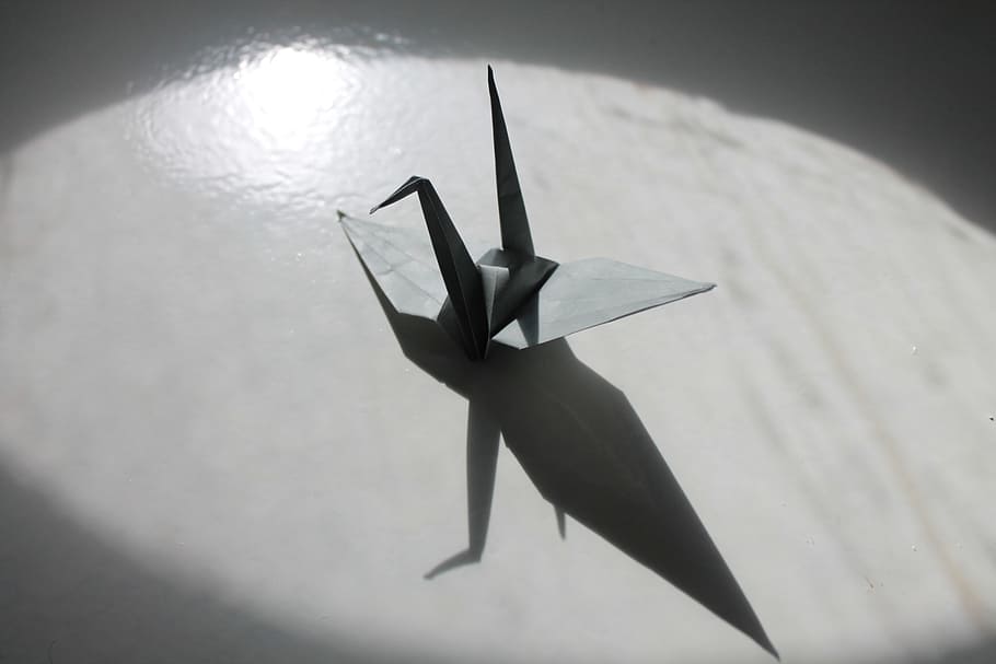 gray bird origami, paper crane, crane, origami, shadow, sunlight, nature, indoors, close-up, art and craft