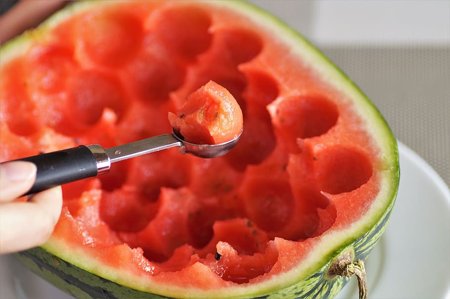 melon, water, red, fruit, balls, knock out, fresh, juicy, vykrajovač, spoon
