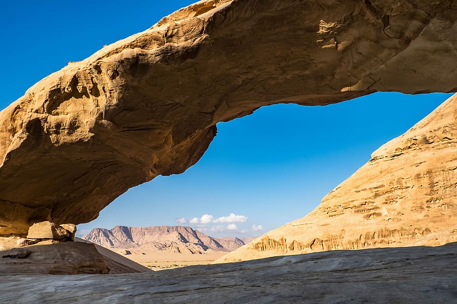 rock formation, blue, sky, Wadi Rum, Jordan, Rock Bridge, desert, mountain, rock - object, nature