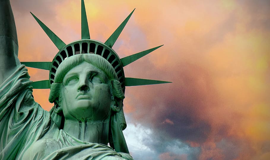closeup, statue, liberty, statue of liberty, turmoil, stormy, political, clouds, liberty enlightening the world, raised arm