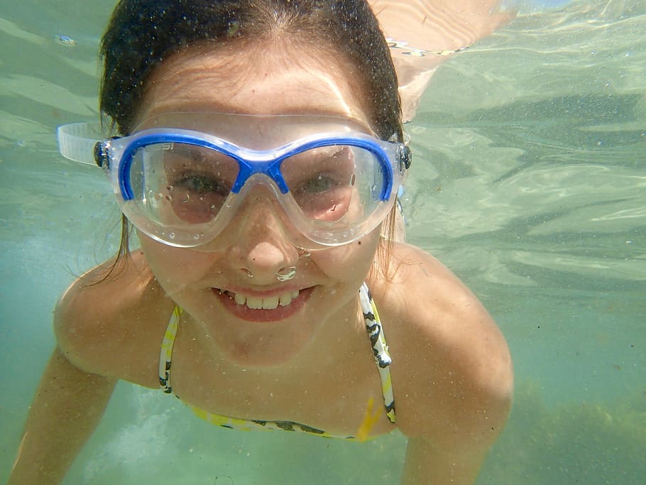 smiling, swimming, water, Underwater, Girl, Goggles, young, summer, pool, fun