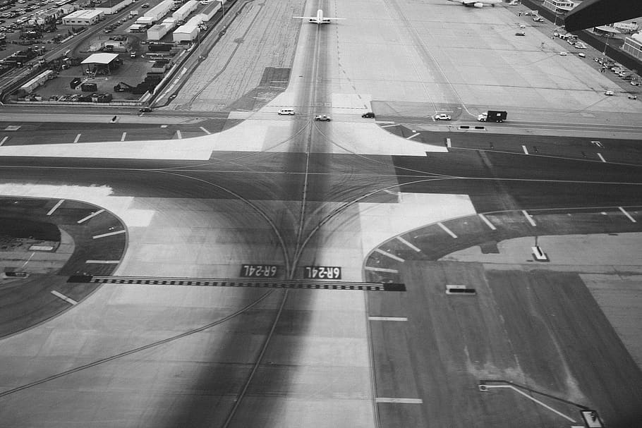 airport, runway, tarmac, airplanes, transportation, travel, black and white, road, architecture, built structure