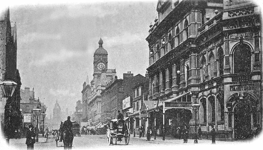 Manchester circa 1900, Manchester, Circa, ciudad, Inglaterra, fotografía, histórico, dominio público, urbano, arte visual