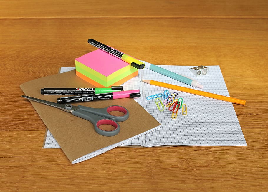 gray scissors, desk, writing implements, writing articles, office, starting school, pen, paper, scissors, pencil