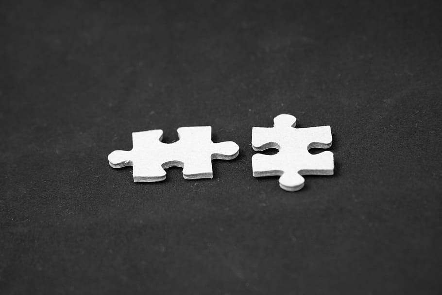 two, white, jigsaw puzzle pieces, black, surface, puzzle, mosaic, secret, riddle, mystery