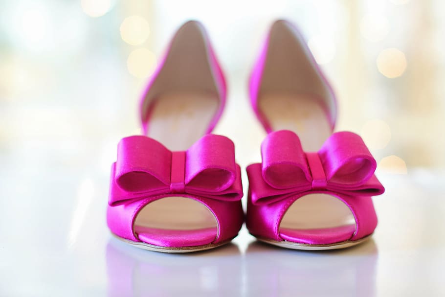 ペア, ピンク, 革のぞき見つま先ヒールサンダル, ピンクの靴, 結婚式の靴, 弓, 結婚式, 花嫁, ファッション, お祝い