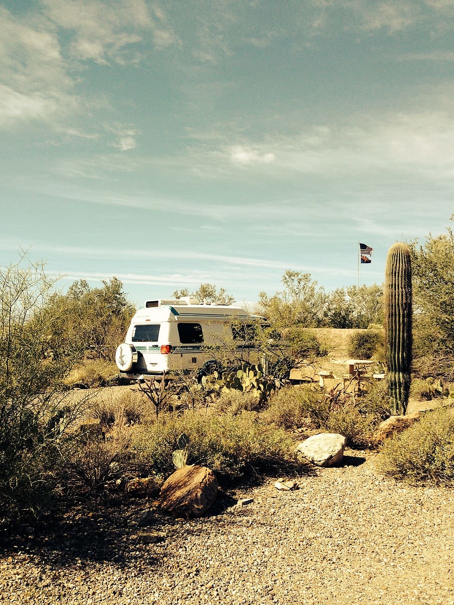 Camping, Arizona Desert, Camper Van, transportation, land vehicle, mode of transport, cloud - sky, car, mode of transportation, motor vehicle