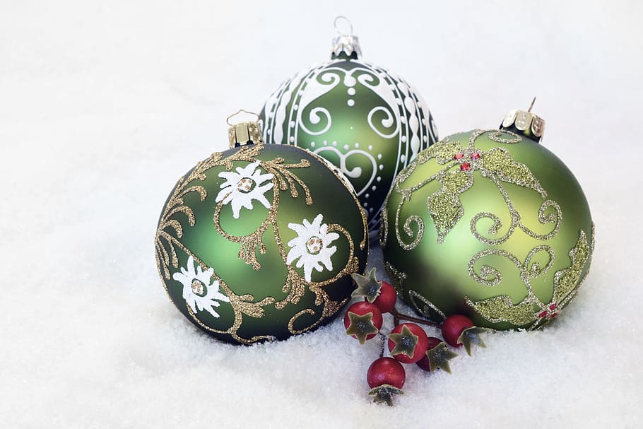 three, green, christmas baubles, white, surface, christmas bauble, advent, christmas time, winter, christmas